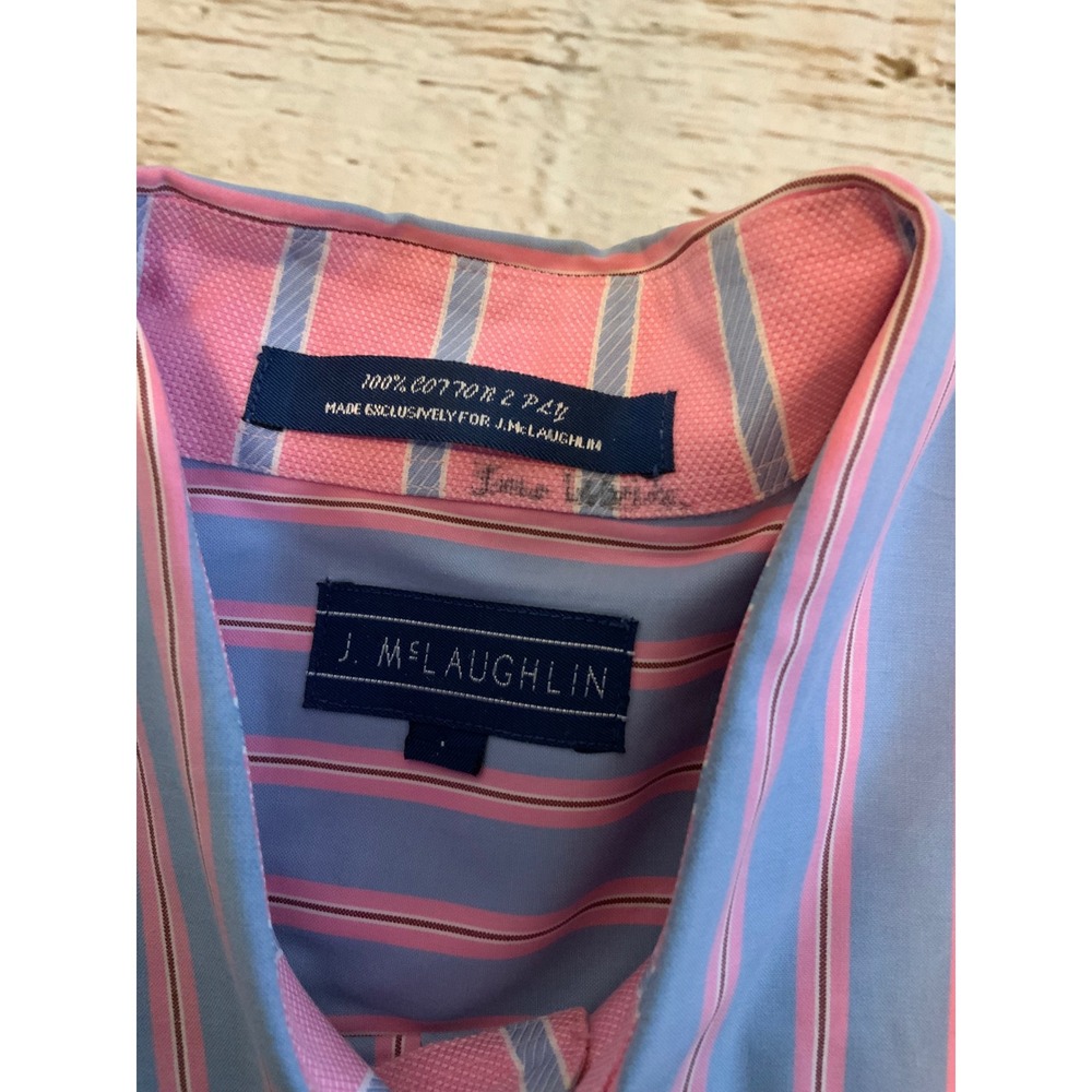 J. McLaughlin Mens Blue Pink Striped Button Down Shirt 100% Cotton 2 Ply Large - Picture 2 of 3